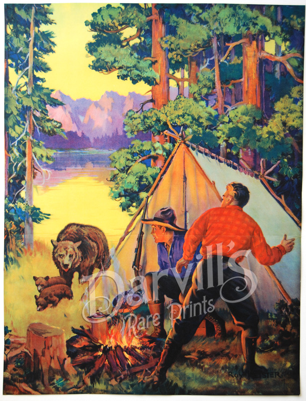 Vintage calendar prints of camping, outdoor life, wildlife, deer, park